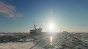 被困在北极冰层中的渔船日落无人机视4公里19秒视频