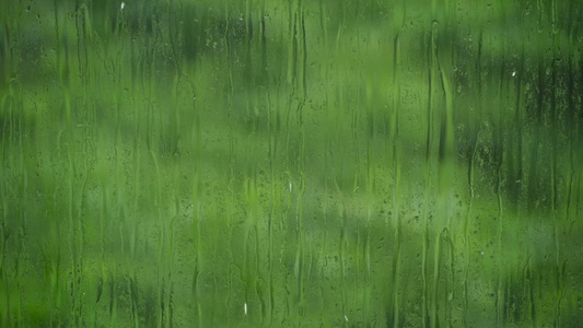 雨滴落到玻璃表面与多汁的绿绿色对着视频