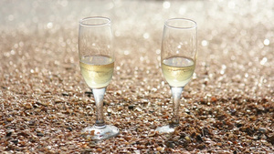 两杯香槟站在沙滩上海边24秒视频