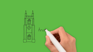 绘制时钟塔艺术在绿色背景上使用颜色组合10秒视频