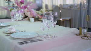 杯子盘子餐具和餐巾纸为派对装饰了花桌婚礼招待会生日9秒视频