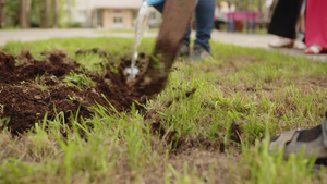 男子用铲子在花坛上挖土挖草坪在花坛种花园艺和园林绿化19秒视频