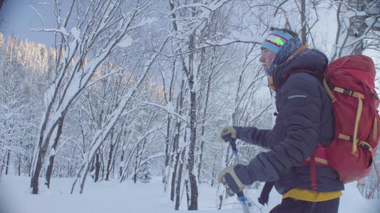 在雪林里滑雪的冷酷男人视频