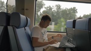 男子在乘坐通勤列车时使用膝上型电脑24秒视频