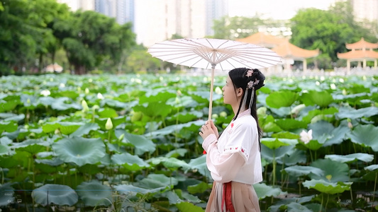 1080升格古装汉服少女与荷花视频