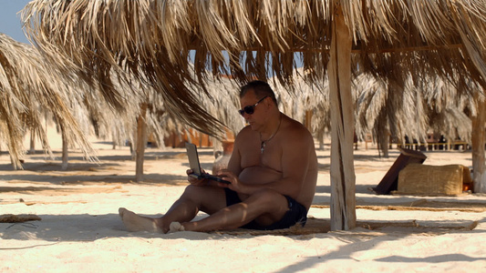 用笔记本电脑在海滩上放松视频