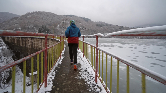 冬季在冰冻湖边的雪桥上跑视频