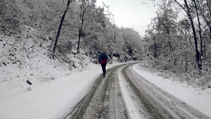 青年成年单身男子在第一雪过后冬季天在公园或森林足迹22秒视频