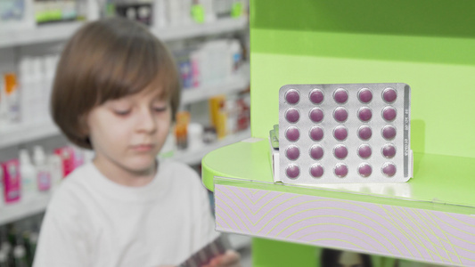 小男孩在药店检查药丸泡泡视频