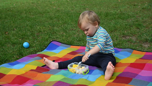 小男孩在野餐时吃水果视频