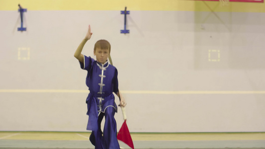 参加传统服装训练的少年Wushu用剑在长门上练习视频