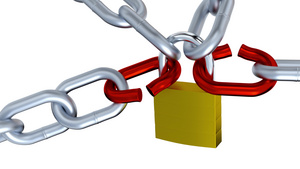 缓慢缩放在四个金属链的4个金属链上两条红链与锁锁在6秒视频