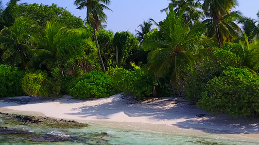 蓝海与棕榈附近的白沙背景的蓝色海滨完美海湾海滩节日视频