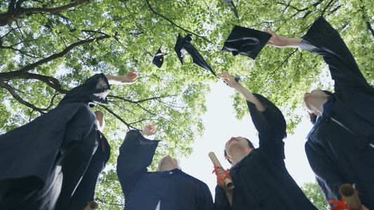 穿着学士服的大学毕业生向天上抛起学士帽[硕士生]视频