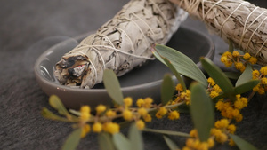 干白鼠尾草涂抹棒放松和芳香疗法在通灵仪式草药治疗瑜伽12秒视频