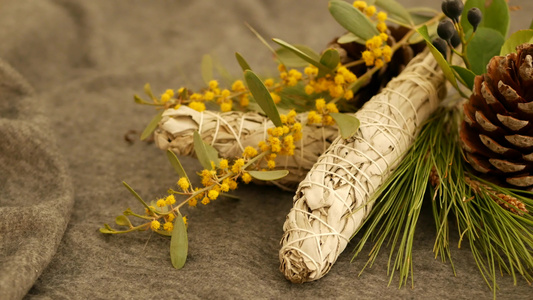 干白鼠尾草涂抹棒放松和芳香疗法在通灵仪式草药治疗瑜伽视频