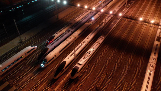 航拍动车段动车运用所夜景高铁动车组列车组视频