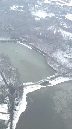 航拍下雪天武汉东湖雪景下大雪24秒视频