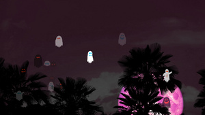 夜空中的粉色月亮背影棕榈树和幽灵主题公园的派对精神20秒视频