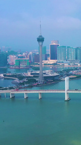 航拍澳门塔澳门西湾大桥城市跨海交通大桥建筑旅游景点视频