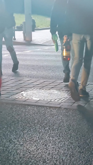 夜晚城市广告牌灯光红绿灯路口过斑马线的人过马路13秒视频