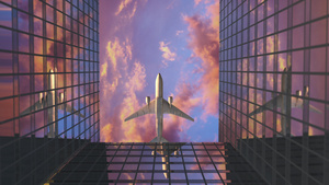 飞机飞越商业摩天大楼10秒视频