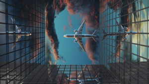 飞机飞越商业摩天大楼美丽的3D动画10秒视频