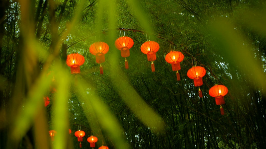 中国传统式的红灯笼挂在竹树隧道拱门上上面有几条长成视频