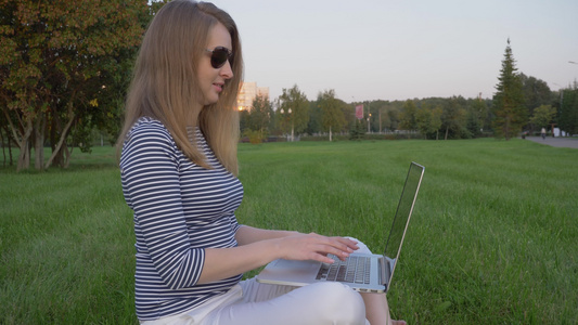 坐在草坪上在绿色城市公园做笔记本电脑工作移动办公室视频