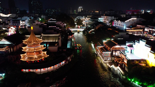 航拍江苏南京夫子庙秦淮河风光带夜景 南京贡院街 十里秦淮视频