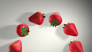 草莓的3D动画新鲜草莓与白色背景上的绿叶甜美的水果20秒视频
