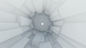 通过白色立方体隧道和球3D动画放大19秒视频
