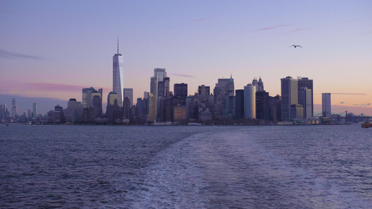 曼哈顿市城市景色海鸥和海湾在清晨的黄昏纽约新城从船上视频