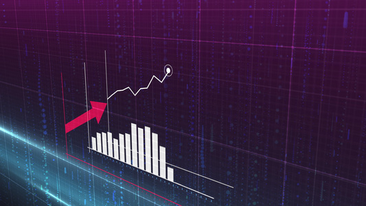 带有向上箭头统计数据报价上升图表的上升蓝色直方图动画视频