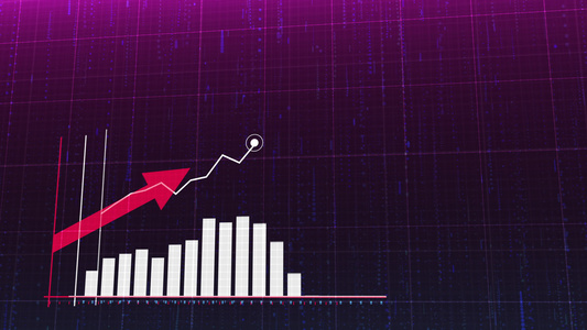 带有向上箭头统计数据报价上升图表的上升蓝色直方图动画视频