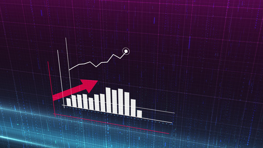 带有向上箭头统计数据报价上升图表的上升蓝色直方图动画视频