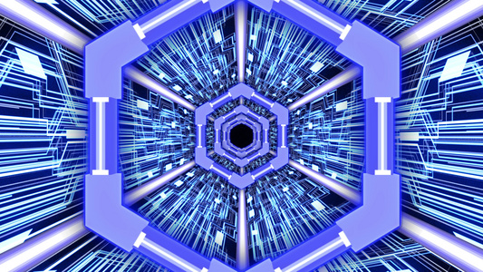 3d抽象数字电路系统隧道,带有六边环边界的蓝色主题背景视频
