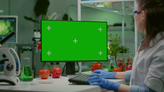 从事计算机工作并模拟绿色屏幕的女科学家;在电脑上工作视频