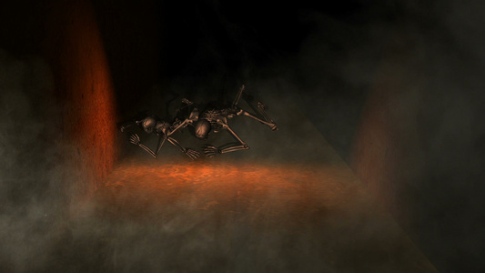 在暗暗的幽灵空间行走 骨骼爬行和投掷手榴弹 恐怖景象动画视频