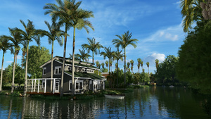 棕榈树环绕着水边的美丽房屋23秒视频
