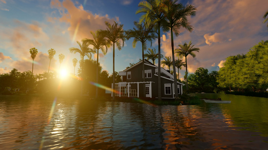 房屋四周有水和棕榈树视频