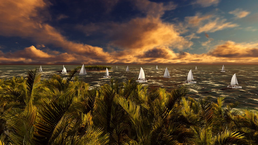 在美丽的夕阳下在海边的棕榈树上游艇视频