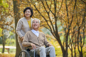 4k老年夫妇推着轮椅相伴逛公园50秒视频