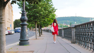 有一张城市地图的愉快的女性在欧洲背景著名桥梁在欧洲10秒视频