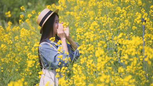 4k油菜花海的少女视频