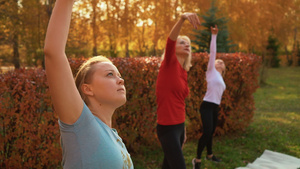 舞女在秋季公园训练舞蹈健身女人在城市公园的户外课上26秒视频