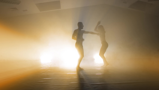 美丽的舞者夫妇在烟雾缭绕的黑暗背景中的剪影聚光灯照耀视频