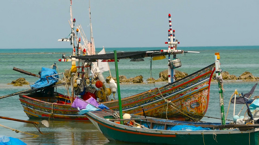 热带海洋沙滩有固定锚的木制传统多彩渔船靠近亚洲贫穷视频