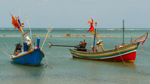 热带海洋沙滩有固定锚的木制传统多彩渔船靠近亚洲贫穷14秒视频