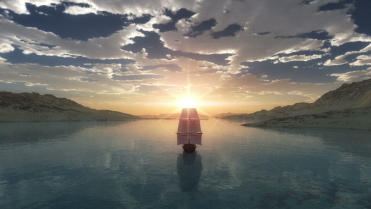 日落海上旧船视频
